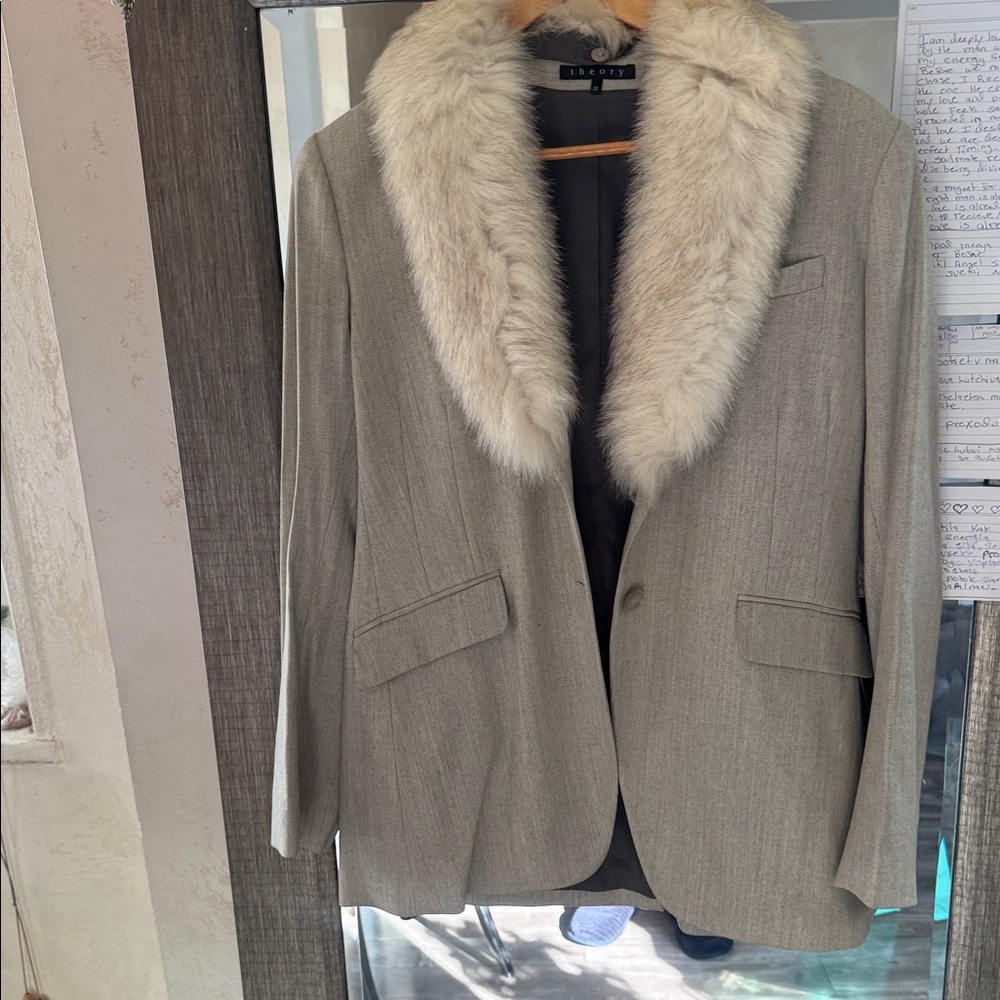 Brand new . Theory Gray Blazer with Cream fox Fur Collar